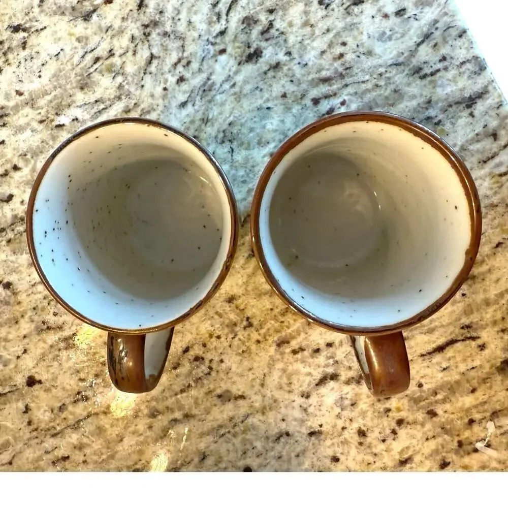 4 Retro CottageCore Floral‎ Speckled Stoneware Mugs Green Brown Flowers EUC